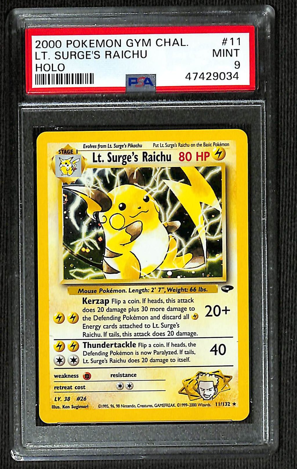 PSA 9 Lt. Surge's Raichu #11 (Holo) [Gym Challenge]
