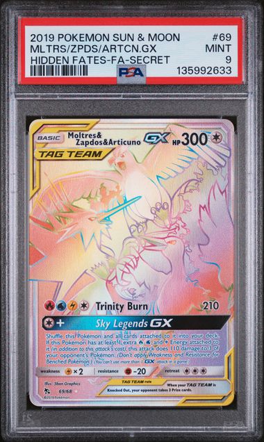 PSA 9 Moltres & Zapdos & Articuno GX Hidden Fates Secret #69