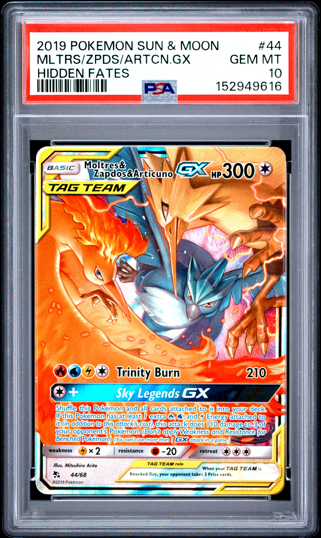 PSA 10 Moltres & Zapdos & Articuno GX #44 [Hidden Fates]