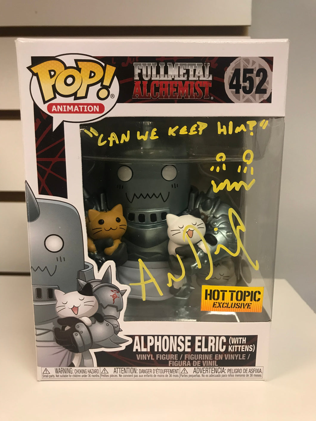 Funko Pop Alphonse Elric with Kittens (Autographed By Aaron Dismuke With Quote And JSA Certification)