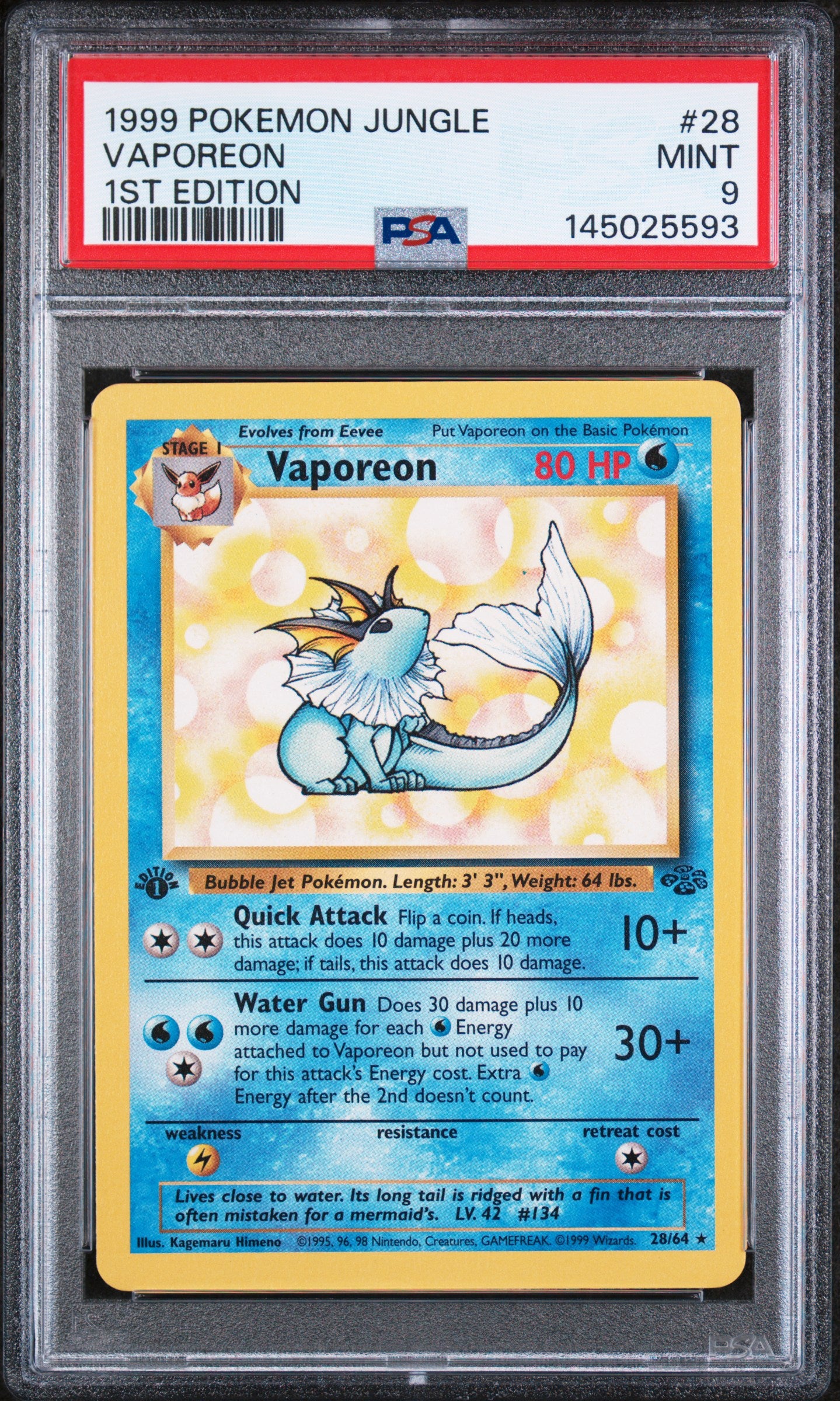 PSA 9 Vaporeon #28 (1st Edition) [Jungle]