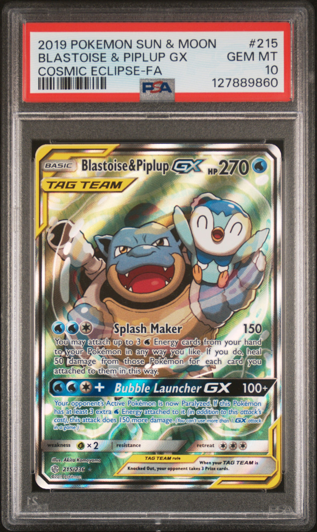 PSA 10 Blastoise & Piplup GX (Alternate Art) #215 [Cosmic Eclipse]