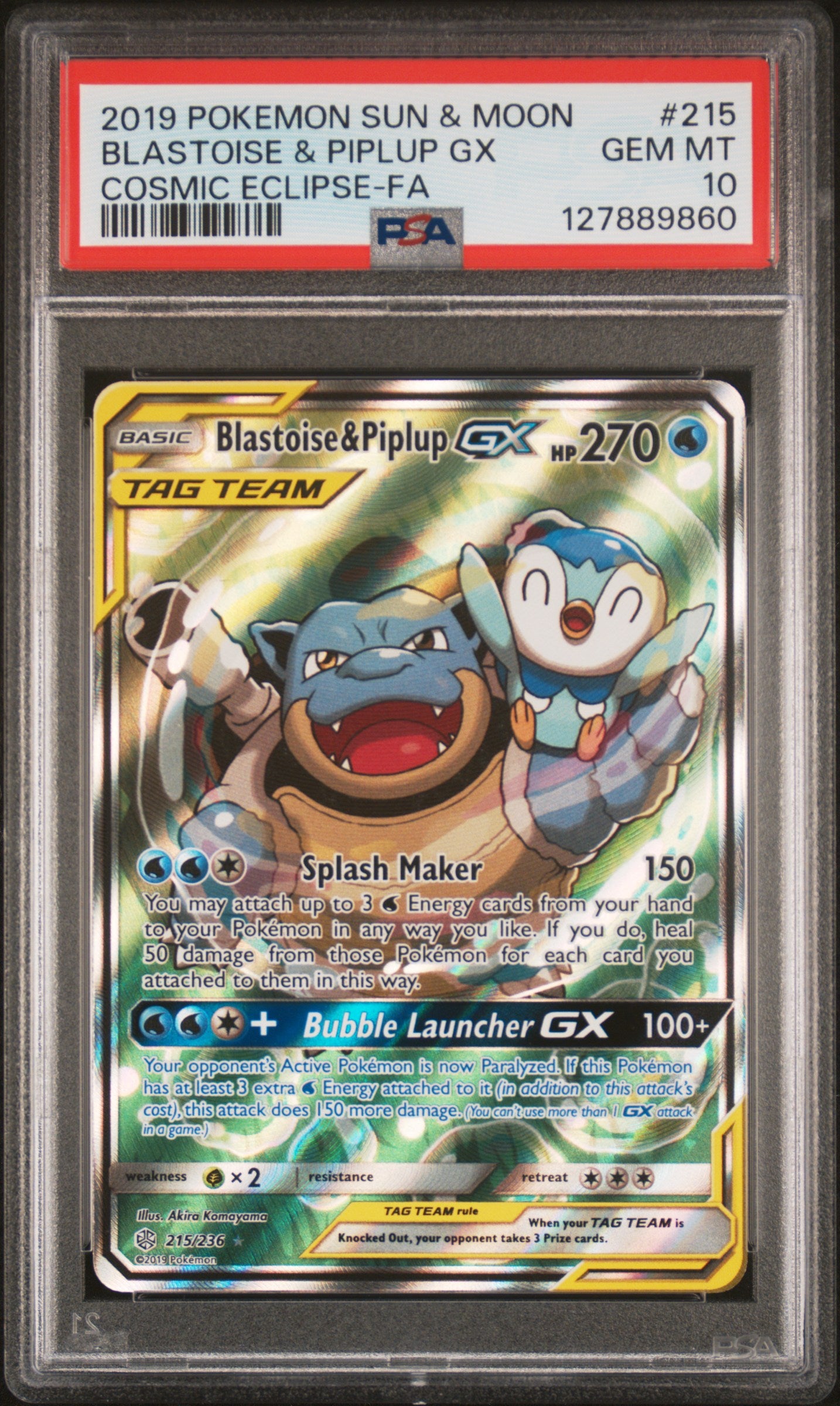 PSA 10 Blastoise & Piplup GX (Alternate Art) #215 [Cosmic Eclipse]