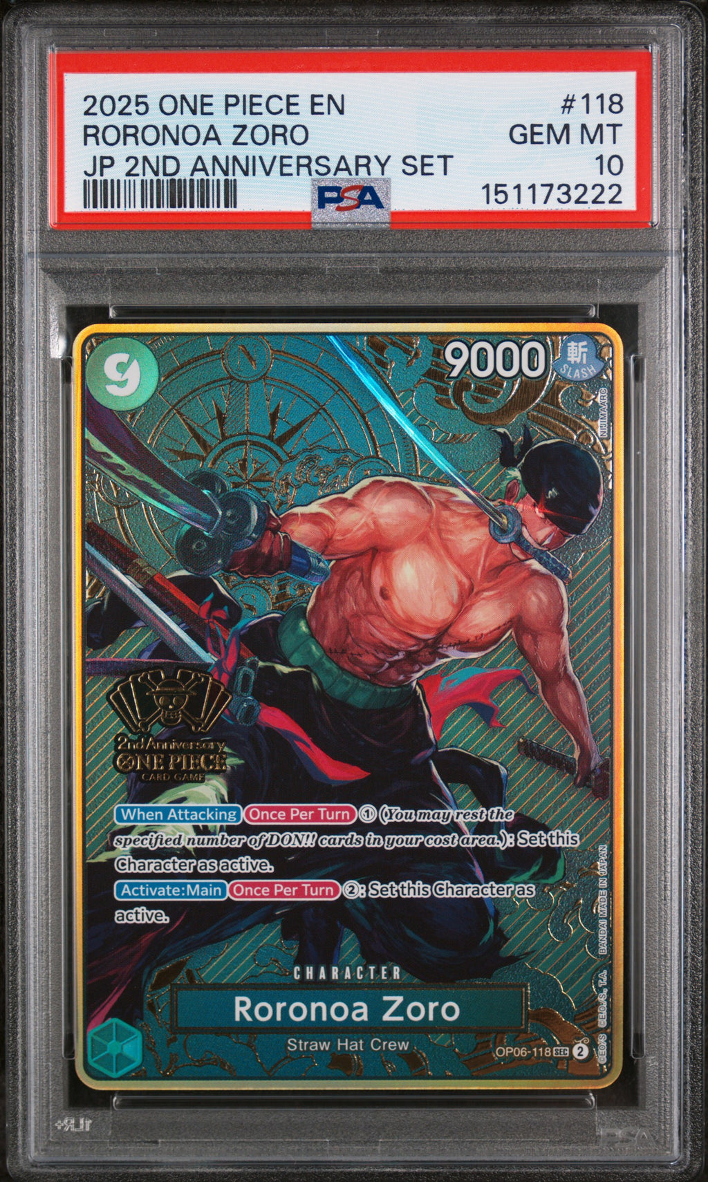 PSA 10 Roronoa Zoro #118 [Japanese 2nd Anniversary]