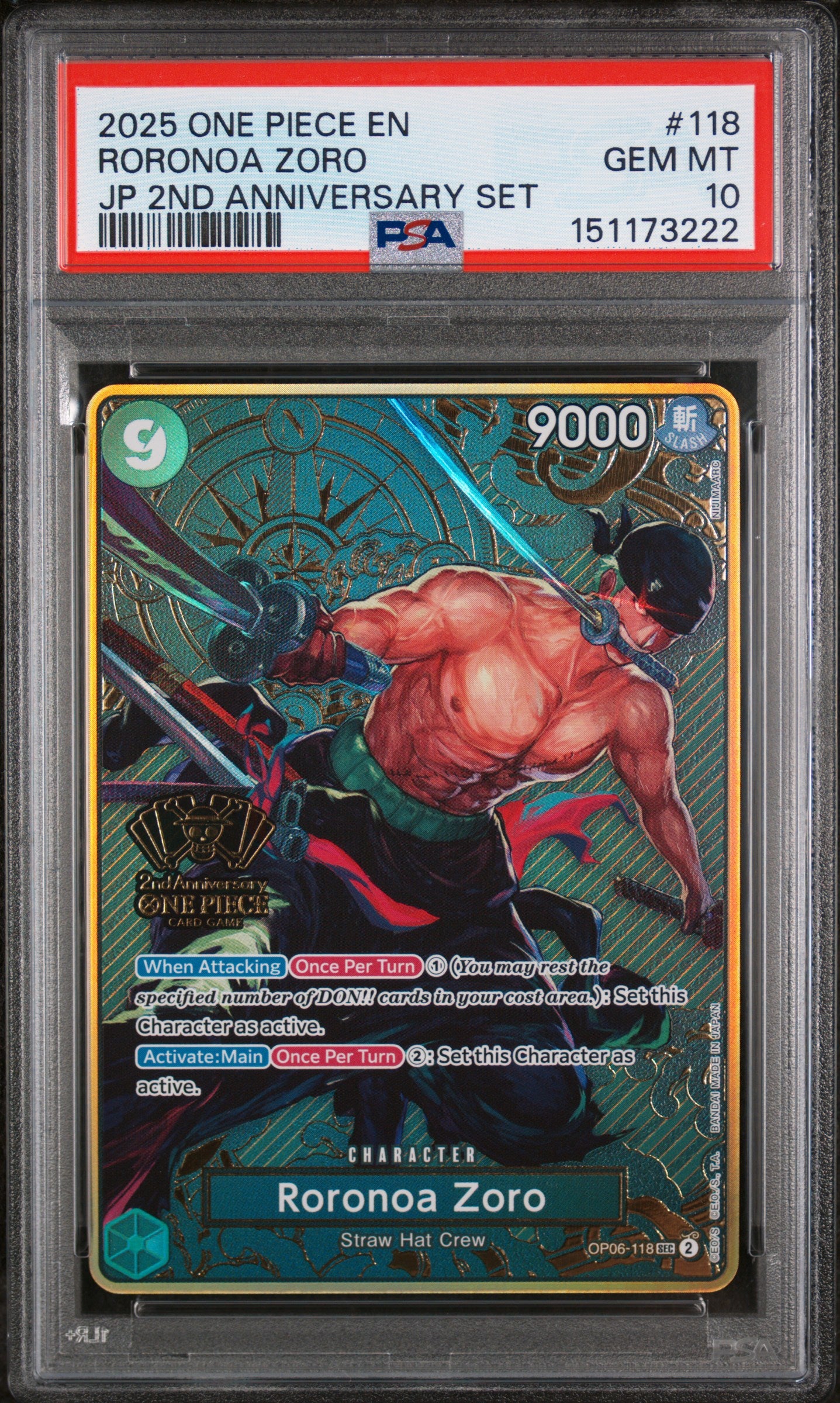 PSA 10 Roronoa Zoro #118 [Japanese 2nd Anniversary]